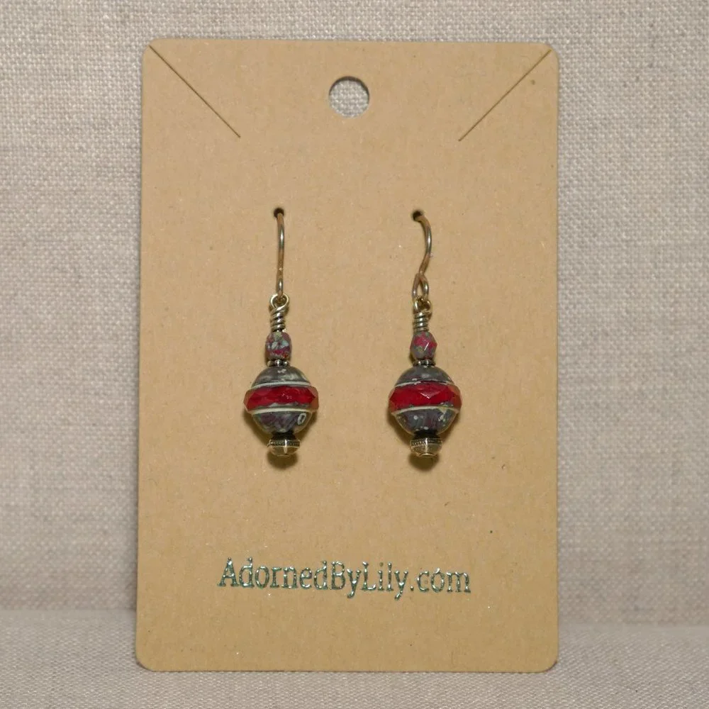 Hand Crafted Handmade Earrings Dark Red Czech Glass Saturn Bead Earrings - Picture 2 of 4
